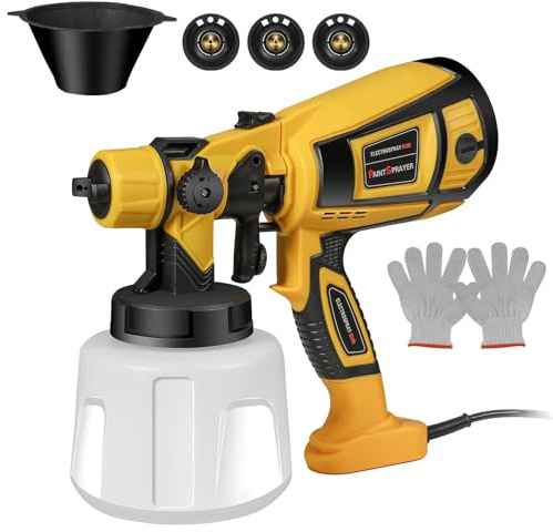 Pistola Pintura, 850W HVLP Pulverizador Pintura con Contenedor de 1400ml, 4 Boquillas de Latón y 3 Patrones para Paredes, Pistola para Pintar Paredes y Techos, Amarillo