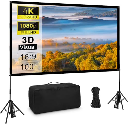 Pantalla de proyección con trípode, pantalla de proyector de 100 pulgadas, portátil para cine al aire libre, sin arrugas 16:9 HD frontal y trasera, proyección de jardín con bolsa de transporte para