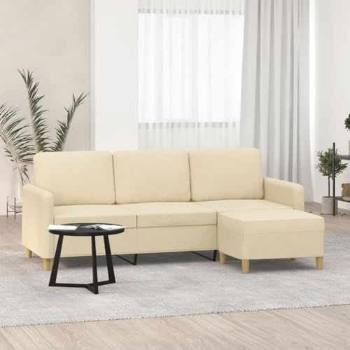 YuuSsea 3-sitsig soffa med pall, gräddfärgat tyg, 198 cm bred, robust metallram, bekvämt vardagsrumsset för hemmet