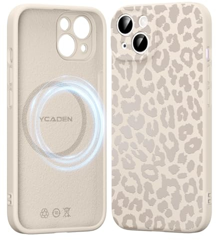 Saqmkil Handyhülle für iPhone 14 Hülle für Magsafe mit Leopard Muster | Aesthetic Beige Leo Motiv Mädchen Design Magnetische Case, Weich Flüssigem Silikon Stoßfeste Schutzhülle Cover 6,1
