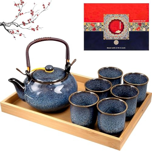 Japanese Tea Set, Porcelain Tea Set with 1 Teapot Set, 6 Tea Cups, 1 Tea Tray, Beautiful Asian Tea Set with Gift for Tea Lover/Women/Men