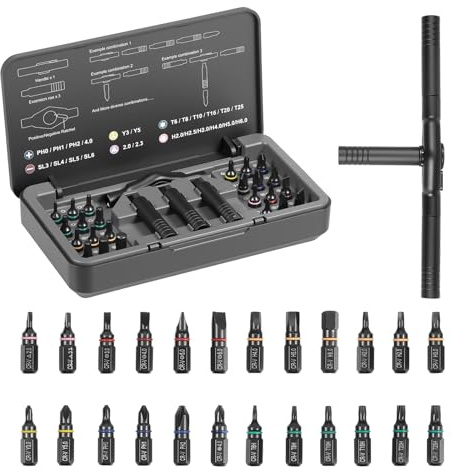 Juego de destornilladores magnéticos 24 en 1, juego de destornilladores de carraca con mango en T extraíble y destornillador magnético para bricolaje, electrónica, reloj y reparación del hogar