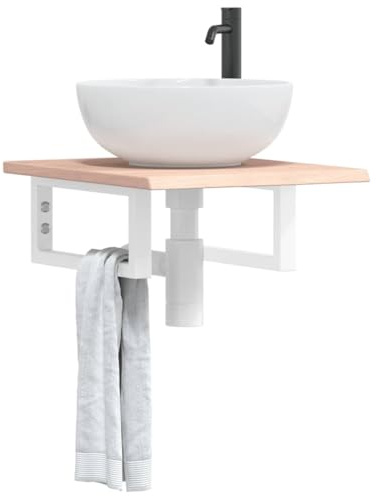 Frdhee Badezimmerschrank Aufsatzwaschbecken, Waschtischplatte mit Halterung Stahl und Massivholz Eiche für Kleine Bäder, Gäste WC