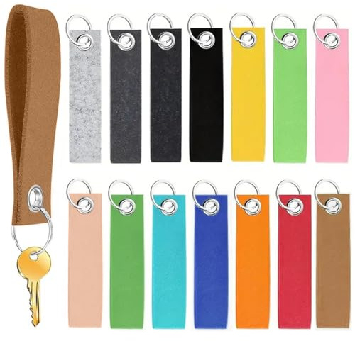 THQAE 28 PCS Filz Schlüsselanhänger Blanko Rohlinge Bunt 13x3 cm mit Edelstahlring, Beschriftbare DIY Schlüsselanhänger für Personalisierung, Gravur, Geschenke und Kofferanhänger