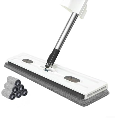 Limpieza eficiente de azulejos de madera dura y ventanas con trapeador plano grande con cabezal giratorio de 360 grados y mango de acero inoxidable ajustable (caja de blanco)