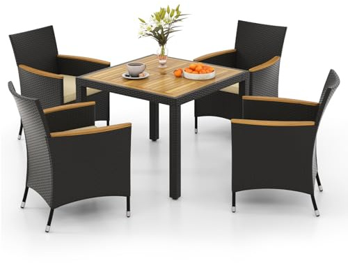 COSTWAY 5 TLG. Rattan Gartenmöbel Set, Sitzgruppe für 4 Personen, Gartentisch mit Tischplatte aus Akazienholz, 4 Stühle & Kissen, Terrassenmöbel, Balkonmöbel, Gartengarnitur, Sitzgarnitur, Essgruppe