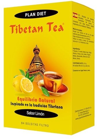 Tibetan Tea Sabor Limón - Infusión de Hierbas - 84 bolsitas. Té Verde Tibetano, Frángula, Malva hoja, Manzanilla, Hibisco, Hinojo, Anís