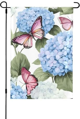 Bandera de jardín con flores de hortensias y mariposas, 70 x 102 cm, doble cara, decoración para exteriores, poliéster, resistente a la intemperie, para césped, patio, balcón, patio trasero