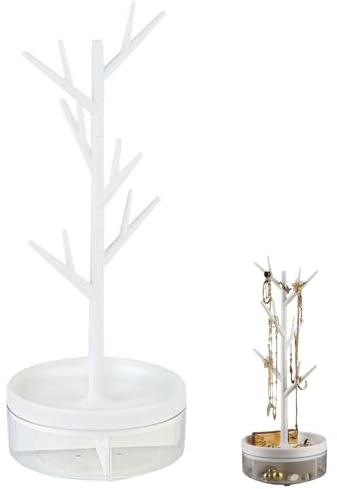 TenaLucy Aufbewahrungsbox Baum Turm Hängend, Schmuckständer Lebensbaum Deko | Geweih Ornament Display Rack mit Swivel Base mit drehbarer Basis Aufbewahrungsbox, Schmuckaufbewahrung für Halsketten (Weiß)