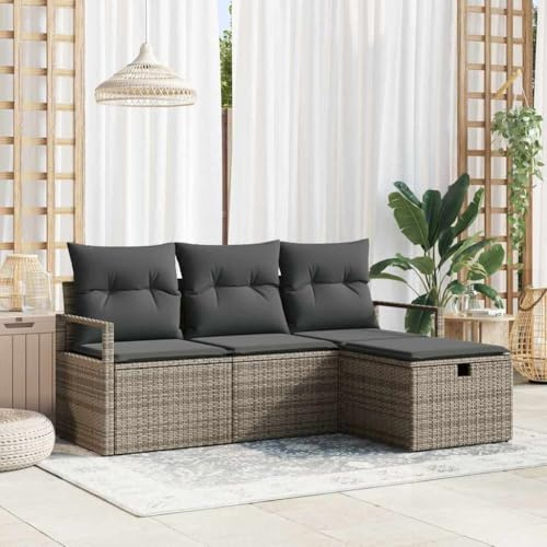 YNGBHFNOP Ensemble canapé Jardin 4 Places avec Coussins Gris Poly rotin Module Salon extérieur déco terrasse Balcon Meuble résistant Eau UV