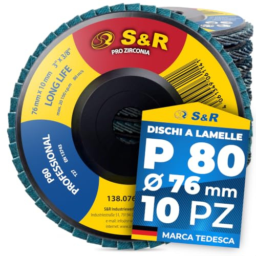 S&R 10 Dischi Lamellari 76mm Grana 80 Corindone Zirconio | Corindone di zirconio per metalli duri · Rimuove rapidamente ruggine e saldature · Forma T27 compatibile smerigliatrici Ø76mm