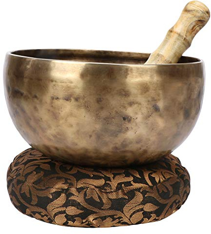 Kartique Bol chantant tibétain népalais martelé pour la méditation - Instrument de guérison - Décoration de prière bouddhiste - Gong et maillet - Matériau : laiton - Marron