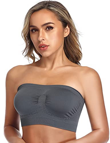 ANGOOL Bandeau Bra Seamless Non Padded Strapless Bra Tube Style Stretch Basic Layer Soft Bralette, Grey, XL Fit 38D 42B 42C