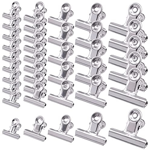 Wokape 38 Stück Bulldogge Clip Sortiment Kit, 6/5 3/2 2 5/2 3 Zoll Silber Edelstahl Datei Geld Binder Clips für Fotos Home Office Küchen