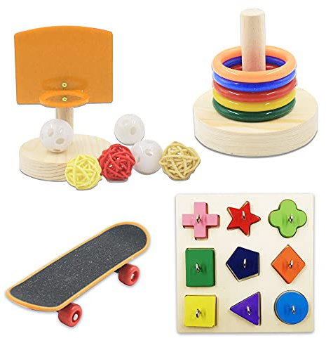 Saderoy 5 Packungen Vogelspielzeug Papageien-Trainingsspielzeug Papagei Holzblock Puzzles Spielzeug Vogel Basketball Spielzeug Kleiner Sepak Takraw Vogel Skateboard Vogel Stapelspielzeug für Vögel