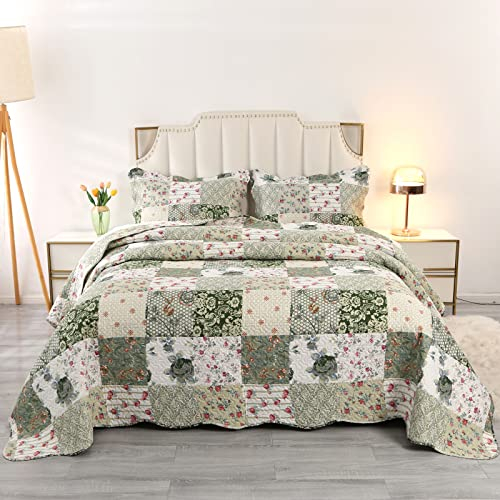 Qucover Copriletto Trapuntato Matrimoniale Patchwork, Copriletti Ultrasuoni in Poliestere Leggere, Trapunta Sottile Estivo Primaverile 220x230 cm con 2 Federe, Verde
