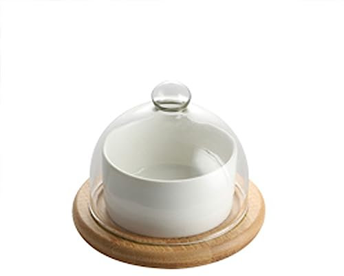 Giftik Ice Cream Bowl with Glass Lid and Wooden Tray Set, Small Ceramic Bread Bowl, Snack Salad Pudding Cup, Festive Dessert Bowls Dish (White(1 PC))