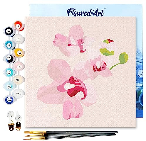 Figured'Art Mini Dipingere con i Numeri 20x20cm con Telaio - Paint by Numbers Fiori di Orchidea, Passatempo per Adulti, Kit Completo, Hobby Creativi - Quadri fai da te Tela Già Incorniciata