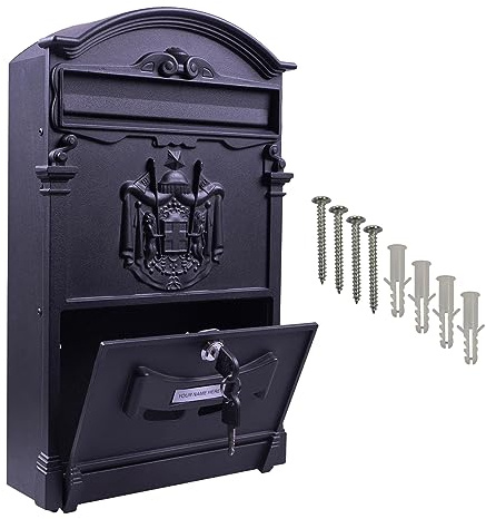 Black Wall Mounted Lockable Letterbox - Weather Resistant Galvanised Steel Retro Style Post Mail Box with Handy House Name or Number Slot, Easy View Window & 2 Keys – Measures H41 x W25.5 x D9cm