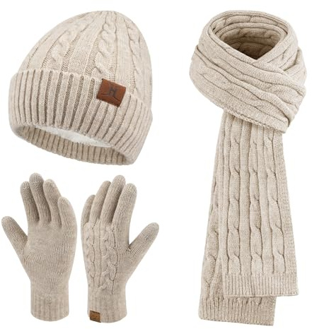 Femme Hiver Bonnet Chapeau Écharpe Écran Tactile Gants Ensemble Chaud Tricot Polaire Doublé Casquette Foulard Gant Cadeaux de Noël Anniversaire pour Femmes