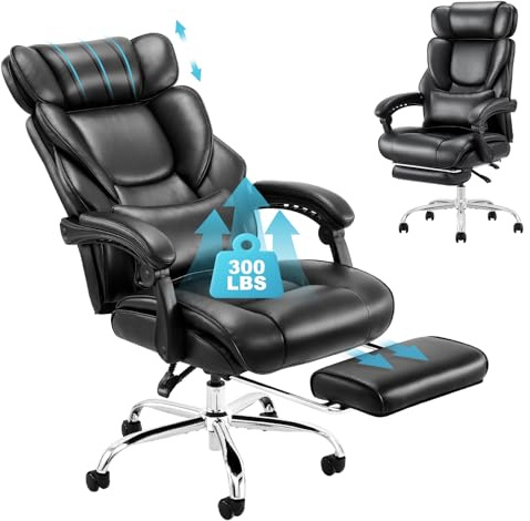 COLAMY Bürostuhl Leder mit Fußstütze, Ergonomischer Chefsessel für Homeoffice – Hohe Rückenlehne, 90–135° Neigefunktion, Gepolsterte Armlehnen, Office Chair mit Lendenkissen, Schwarz