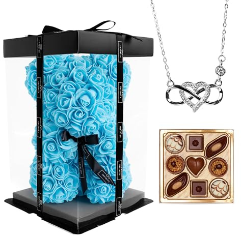 Infinity Flowerbox - Rosen Bär Geschenkset mit Infinity Kette & Pralinen im Set - 300 handbeklebte Rosen mit Duft - Geschenk für Frauen, zum Geburtstag oder Jahrestag (Silber, Baby Blue)