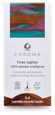 Tintes Chroma BIO Castaño Medio Caoba 3.4 – 100g – Coloración Natural en Polvo sin Amoníaco – Cubre Canas – Tinte Vegano con Ingredientes Botánicos – Brillo, Suavidad y Cuidado