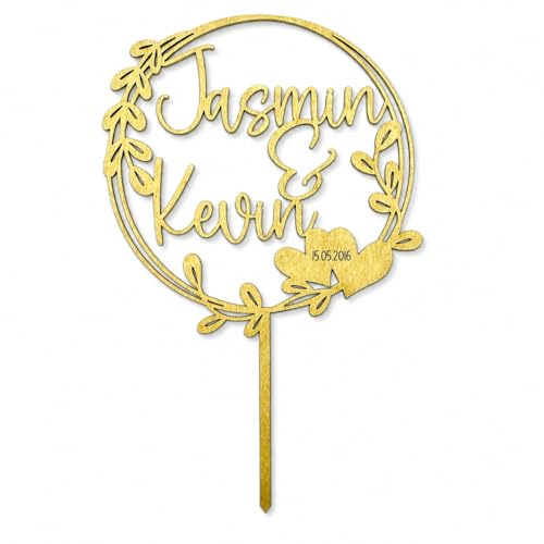 Birdart Box® Cake Topper personalisiert - Tortenstecker mit Namen aus Holz (Gold, Variante 2)