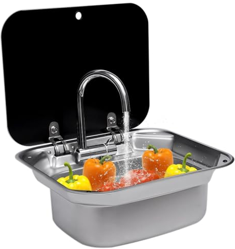 guoyjmm Camping Spüle, RV Camping Spüle Bausatz, Edelstahl Wasserhahn Spülbecken Waschbecken Set Handwaschbecken für Wohnmobil RV Caravan Camper,42×37×15cm
