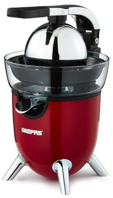 Geepas Retrovive Electric Citrus Juicer | Orange and Lemon Squeezer with 2 Citrus Press Cones | Electric Juice Extractor Quick Healthy Nutritious Juices | 2 Year Warranty 100W Red