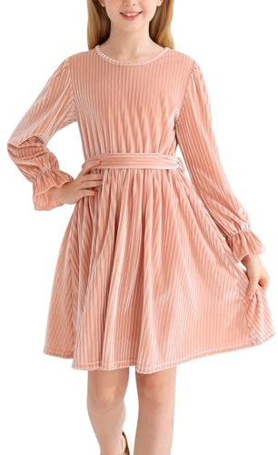 Naiyafly Robe en velours à manches longues pour fille - Col rond Midi pour l'automne et l'hiver - Robe festive vintage pour enfants et adolescents - Robe de fête de Noël et de loisirs, Rose, 11-12 ans