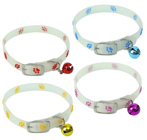 FSSTUD Lot de 4 colliers phosphorescents pour chat - Imperméables et réfléchissants - En silicone - Pour chaton - Pour petits chiens - Anti-perte - Avec clochettes