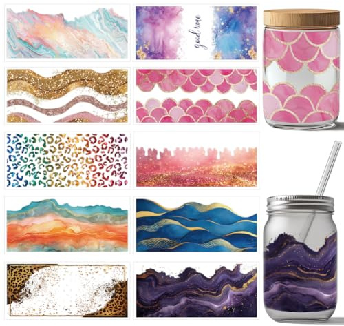 arricraft 10 Stück UV DTF Cup Wrap Transferaufkleber 10 Stil Marmorierungs Transferpapier Aquarell Goldfolie Rubbelaufkleber Leopardenschuppen Wellenaufkleber Wasserfest Rubbelbilder