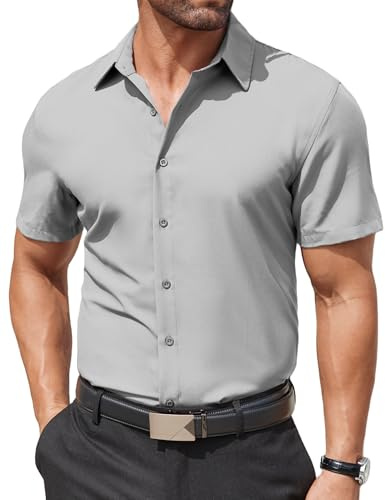 COOFANDY Kortärmad herrskjorta enkel formell skjorta stretch affärsskjorta normal passform button-down-skjortor för bröllopsfest, Ljusgrå, XXL