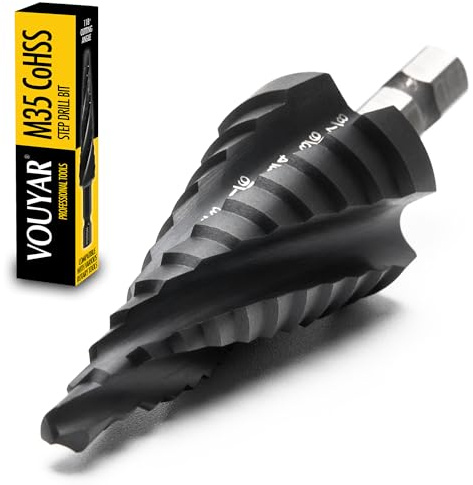 Vouyar Four Spiral Flute Cobalt Step Drill Bit, 3/16'' - 7/8'' M35 TiAlN Coating Impact Ready Unibit Step Drill Bit, 1/4 Hex Shank Step Bit for Metal, Stainless Steel, Aluminum, Plastic