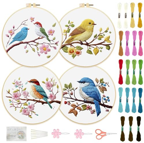 FREEBLOSS 4 Stück 20cm DIY Stickerei Kit mit Vogel Stempel Stick Starter Set für Anfänger mit Stickrahmen Stickset für Anfänger für Erwachsene