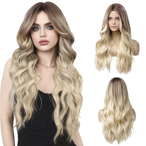 LUFFLOK Parrucca Biondo Marrone Lunga Ondulata Donna 68cm Resistente al Calore Parrucca Sintetica per Quotidiano Partito Cosplay Festa