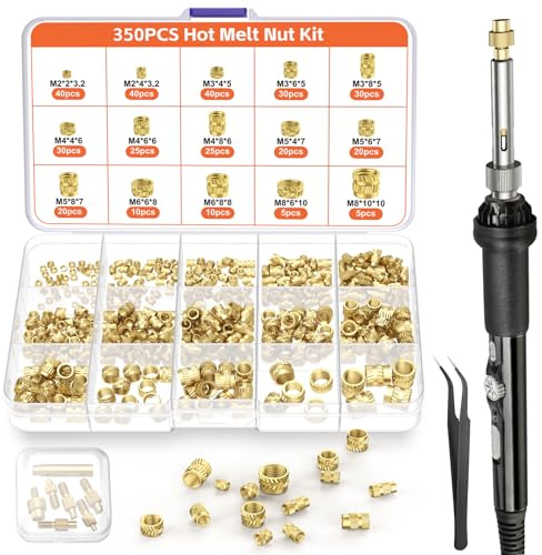 Preciva Heat-Set Insert Tip Set - Soldering Iron with 350Pcs Thread Inserts, 6Pcs Heat-Set Insert Tips (M2 M3 M4 M5 M6 M8), 2Pcs Soldering Tip Connecting Rods and 1Pc Tweezers