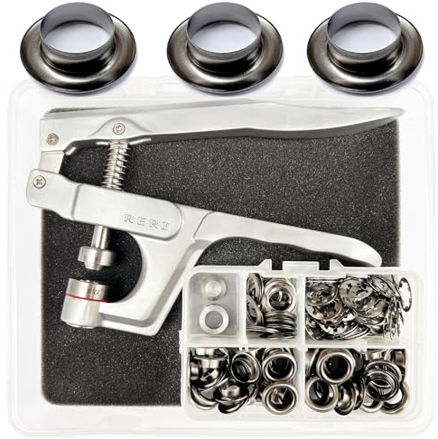 10 mm öljetttänger set med verktyg, silver, grommad, reklamöglor, set med tyllar, justeringsverktyg för tyger, segeldukar, presenning, markiser, tält, banderoll och utomhusreklam (svart med täng)