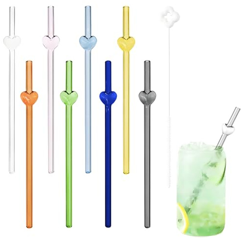 8 cannucce in vetro a forma di cuore, riutilizzabili, 20 cm, cannucce in vetro colorate trasparenti, con 1 idea floreale, spazzole per la pulizia, per cocktail, frullati e succhi di frutta (blu 1)