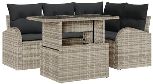 vidaXL 5-dels trädgårdsoff-set Med Dynor Ljust Grå Poly Rattan Och Svart Utomhussectional För 4 Personer Perfekt Balkonanvändning Sittande Patio Möbel Rektangulär