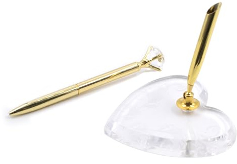 QoTang Stylo Diamant,Stylo de Mariage Signature avec Support Porte-stylo Rond Creux Réception Base Acrylique pour Mariage, Enseignant,Fiançailles