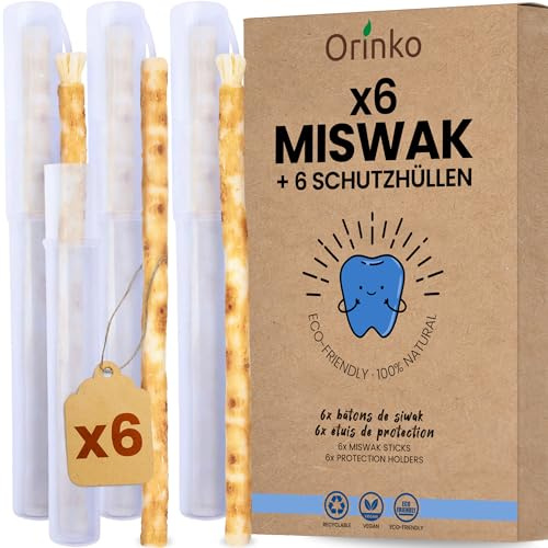 ORINKO Siwak x6 avec 6 Étuis de Protection, Brosse à Dents Naturelle, Nettoyant, Désinfectant, Blanchissant, Écologique, Biodégradable et Végan, Ebook Offert