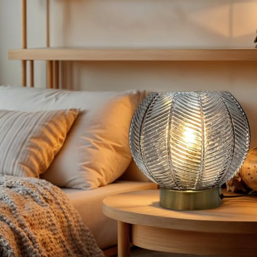 Kairui Lighting Glass Table Lamp Smoked Grey Table Lamp with 20CM Glass and E14 Antique Brass Base Desk Lamp Modern Bedside Lamp for Bedroom and Living Room