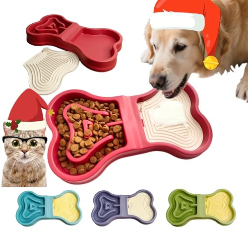 LittleEdenOutpost Bone Slow Feeder Bowl for Dogs Cats - 2-in-1 Lick Mat & Water Dish with 6 Non-Slip Pads, Food-Grade PP & Silicone Pet Bowl for Anti-Choking，Fun Feeding，Anxiety Relief (Red)