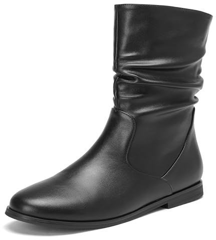Pixoecuty Black Slouch Ankle Boots For Women Booties For Women Low Heel Flats Mid Calf Zipper ASIAN Size 40