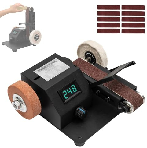 Mini levigatrice a Nastro, levigatrice da banco da 350 W con Display Digitale, levigatrice a Nastro elettrica con 10 Nastri, velocità e Angolo Regolabili, per Metallo, Le