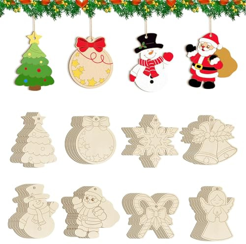 Tadpolez 80 Pcs Holzanhänger Weihnachten zum Bemalen, Bastelset Weihnachten mit 8 Weihnachtsmotiven, DIY Weihnachtsdekoration für Kinder, Für die Dekoration von Weihnachtsbäumen