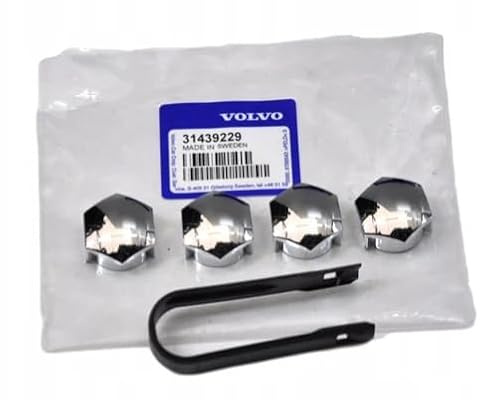 Volvo Locking Lug Nut Protective Cap Kit, 4 Pieces with Installation Tool, OEM Factory Original, Fits Many (Chromed 31439229)