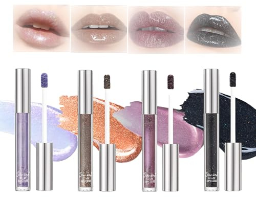 Shimmer Lip Gloss Set, 4-Pack, Mixed Shades, Wand Applicator Tubes | Clear Cylindrical Packaging, Silver-Coloured Screw Caps, For Everyday Make-Up And Defined Evening Lip Looks